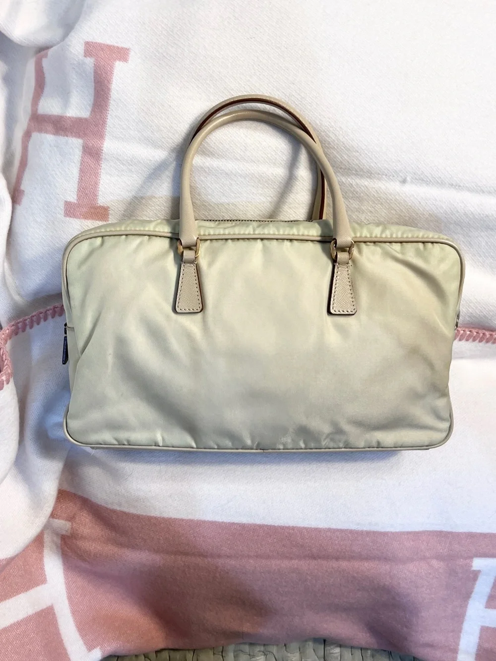 Prada⭐️Authentic Pale Yellow Nylon Top-Handle Gold hardware Hobo Bag